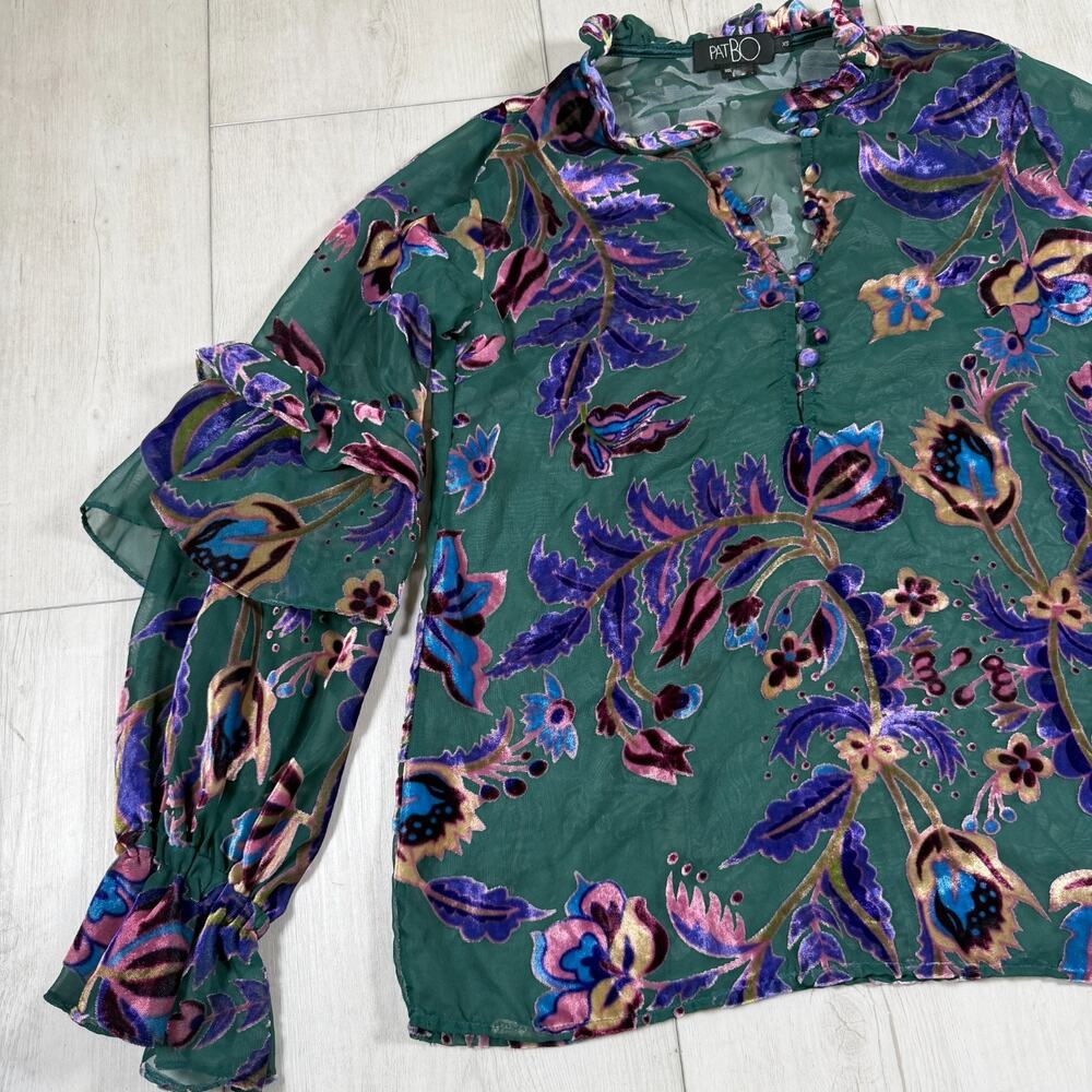 PatBO Burnout Velvet Blouse Blue Purple Women's XS Ruffles Long Sleeve Sheer - Picture 3 of 12